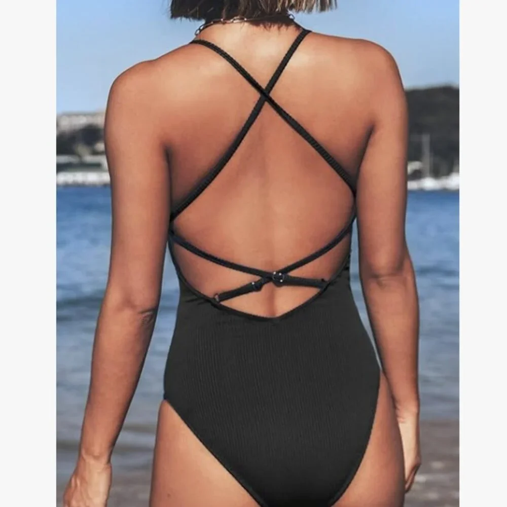 Women's Solid Color V Neck Lace Up One Piece Swimsuit Size M